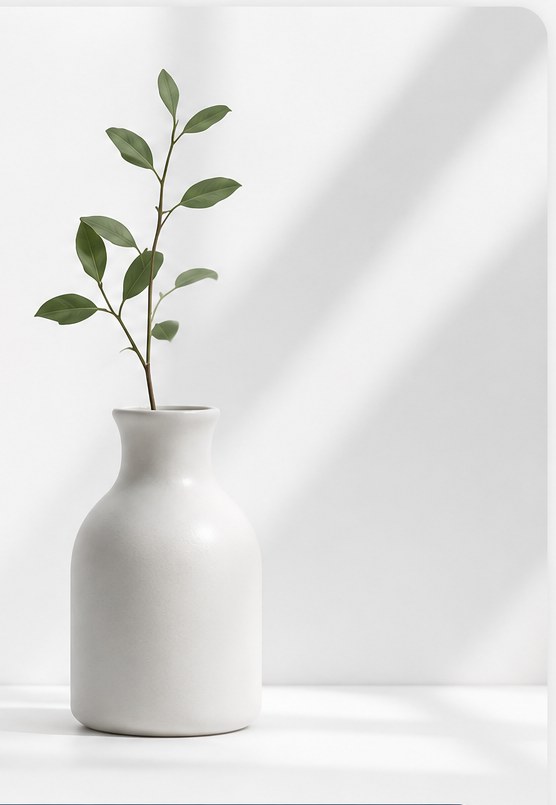 A single sprig in a plain white vase, catching soft window light